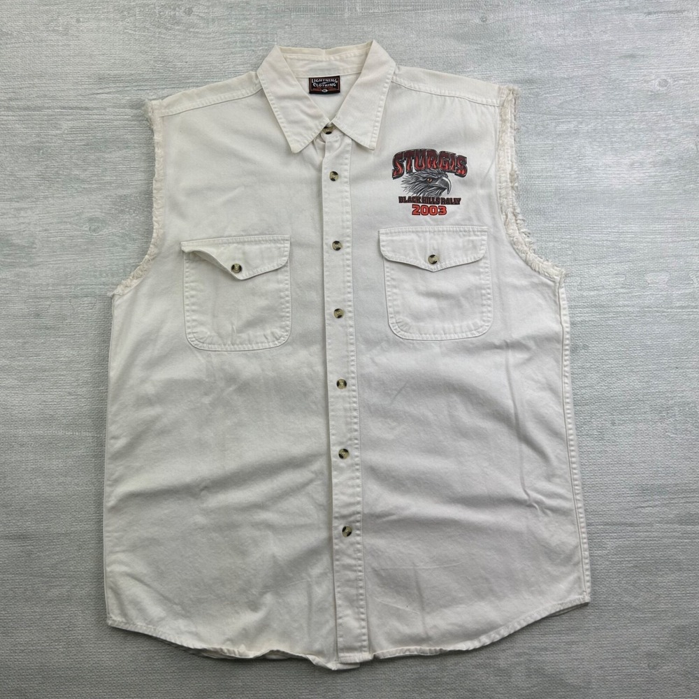 Vintage Y2K Sturgis Black Hills Rally Button Up Shirt Size XL White Biker 2003